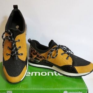 NIB NEW Remonte Elmira 03 Black & Yellow Leopard Glitter Knit Sneakers 41 9 1/2